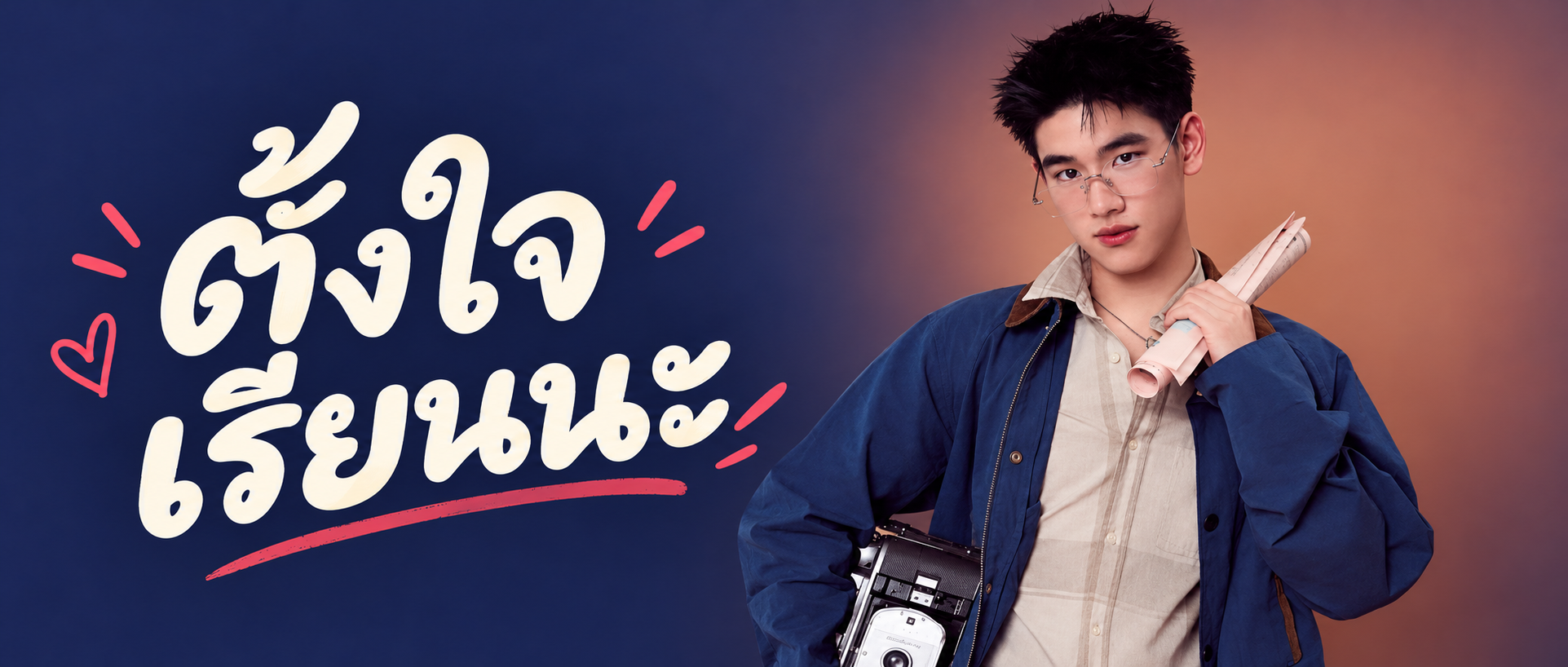 ตั้งใจเรียนนะ：要好好学习哦。一位戴眼镜的青年手持书卷。